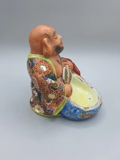 Antique Kutani Japanese Moriage Hotei Laughing Buddah with Fan & Bowl - Image 2 of 4