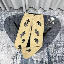 Chrome Hearts Cross Patch Leather Men's Casual Straight-Leg Beige Jeans