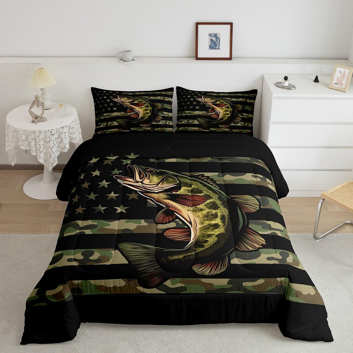 Bass Fish Pattern Comforter Set Queen Size Camouflage Bedding Set for Kids Boys
