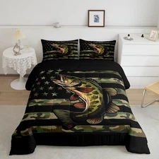 Bass Fish Pattern Comforter Set Queen Size Camouflage Bedding Set for Kids Boys