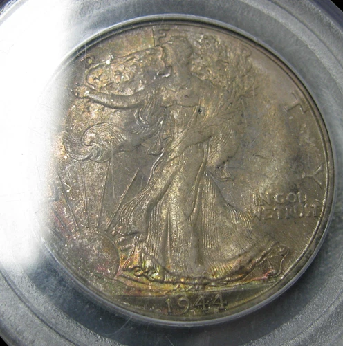 1944-D Walking Liberty Half Dollar CRUSTY Rainbow Toned MS-64 PCGS Coin -- #540C