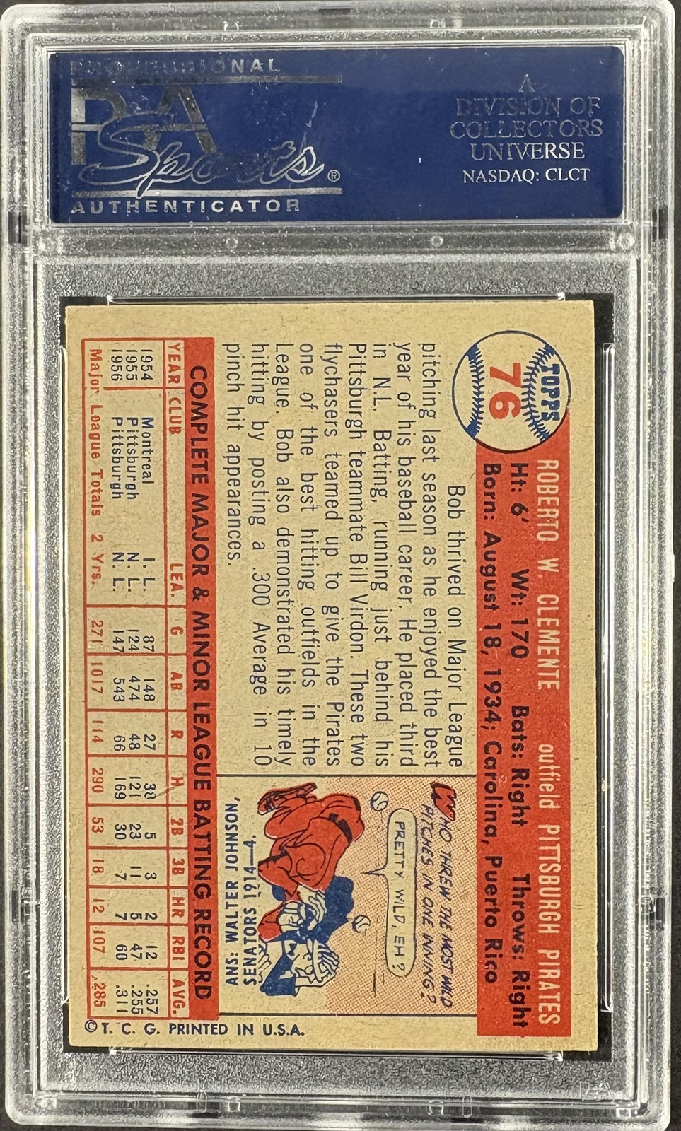 1957 Topps #76 Bob Roberto Clemente PSA 5 EX CENTERED view 2