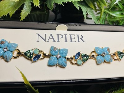 Napier Blue Floral Rhinestone Bracelet Gold Tone Turquoise Flowers 7.5'' Box 