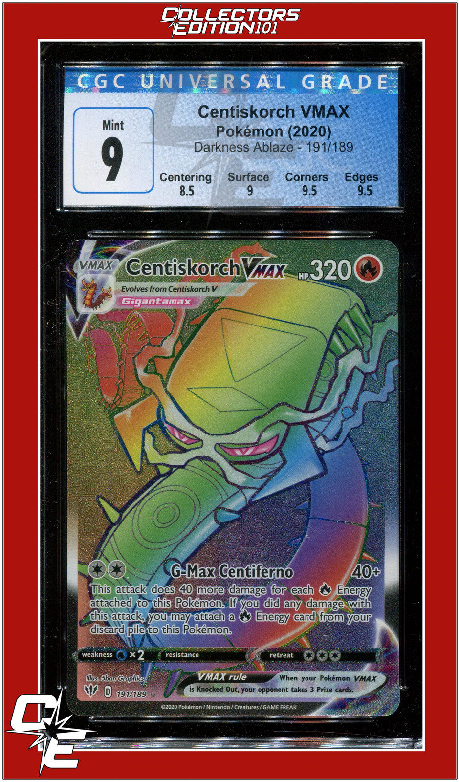 Darkness Ablaze 191 Full Art Centiskorch VMAX Secret CGC 9 - Subgrades