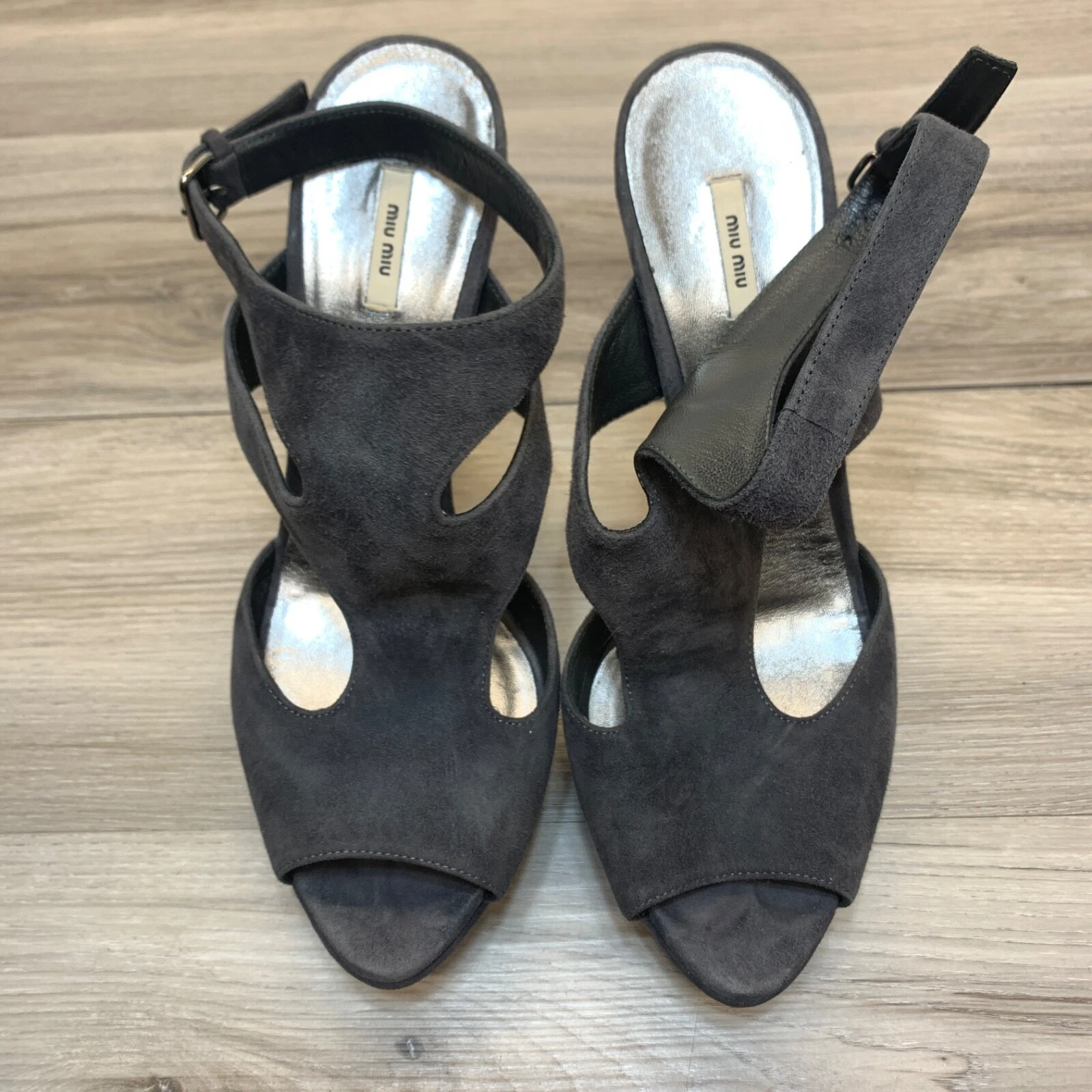 Scarpe con tacco alto Miu Miu donna grigio pelle scamosciata punta aperta stiletto taglia 38