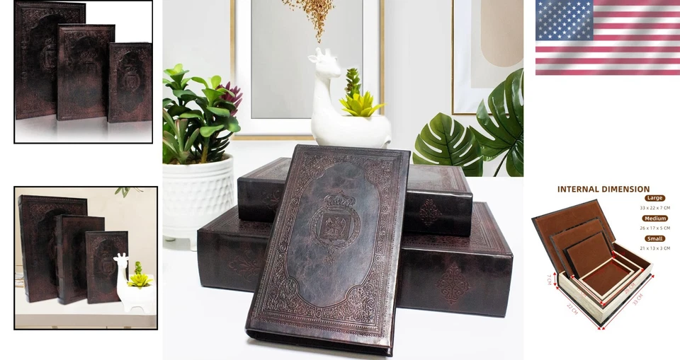 Antique Embossed Leather Book Boxes Set of 3 with Magnetic Snap Closure - Image 2 of 4