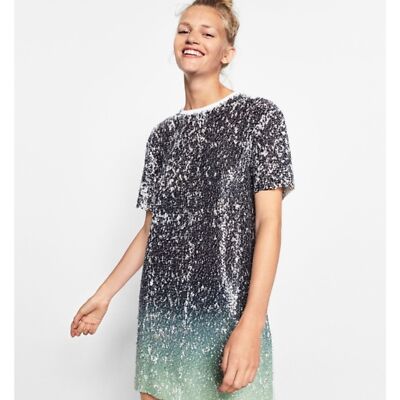 ZARA Trafaluc Ombre Sequin Front T-Shirt Dress Size S Short Sleeve Stretch 