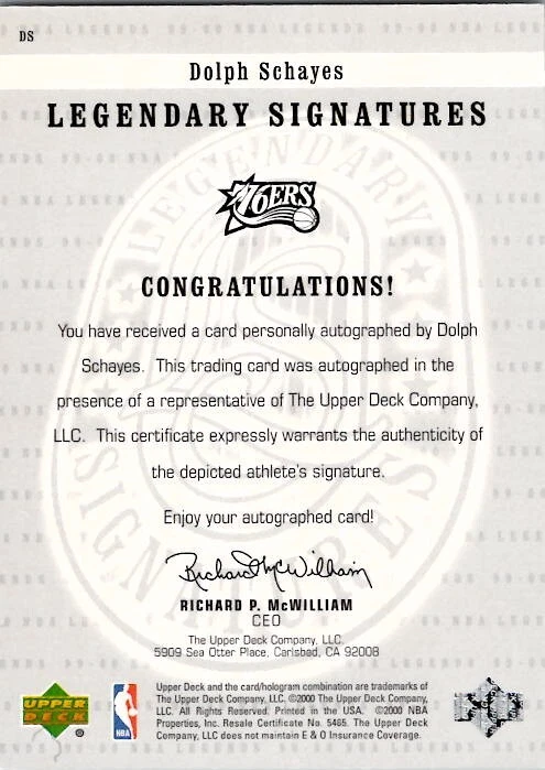 1999-00 Upper Deck Legends DOLPH SCHAYES Legendary Signatures AUTO 76ers - Image 2 of 2