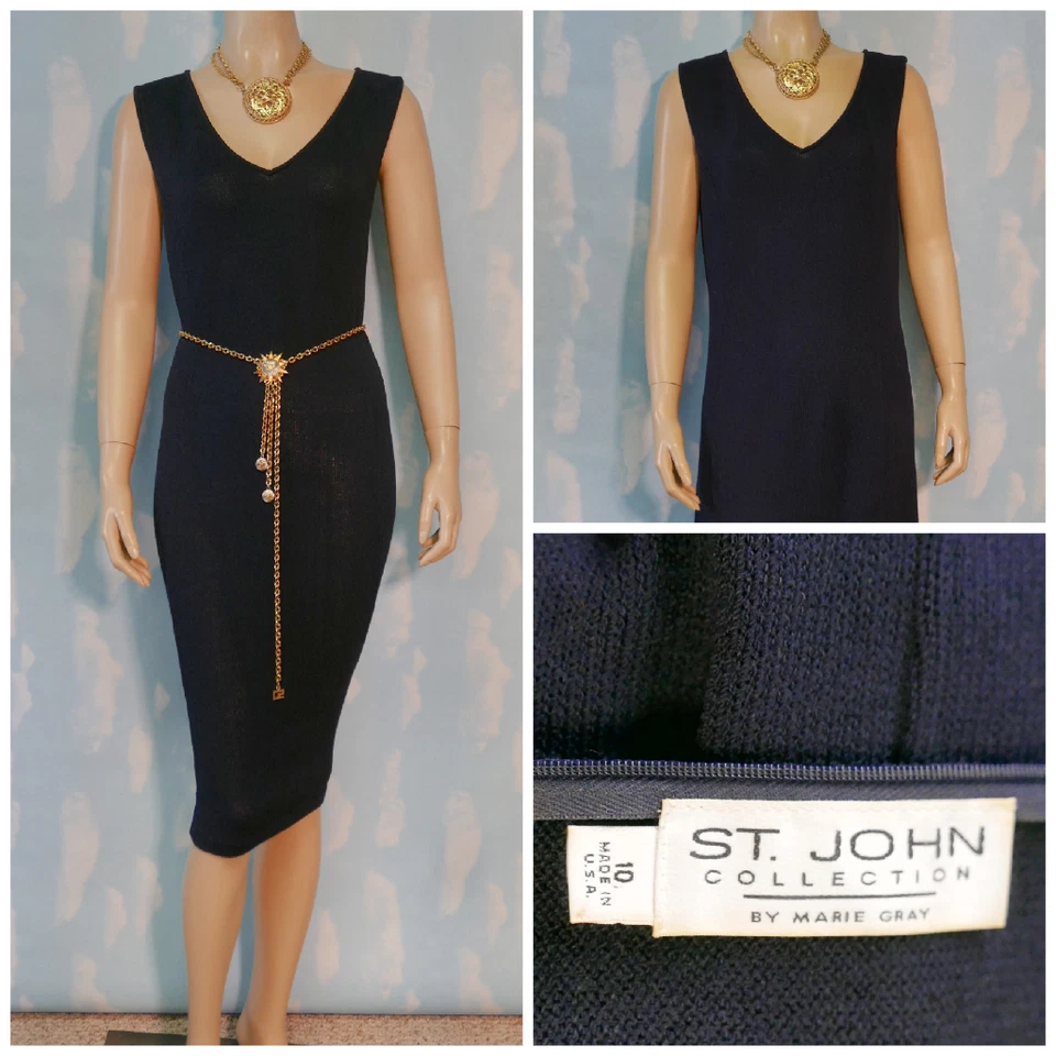 ST. JOHN Collection Santana Knit Navy Blue Dress L 10 8 Sheath Sleeveless V Neck
