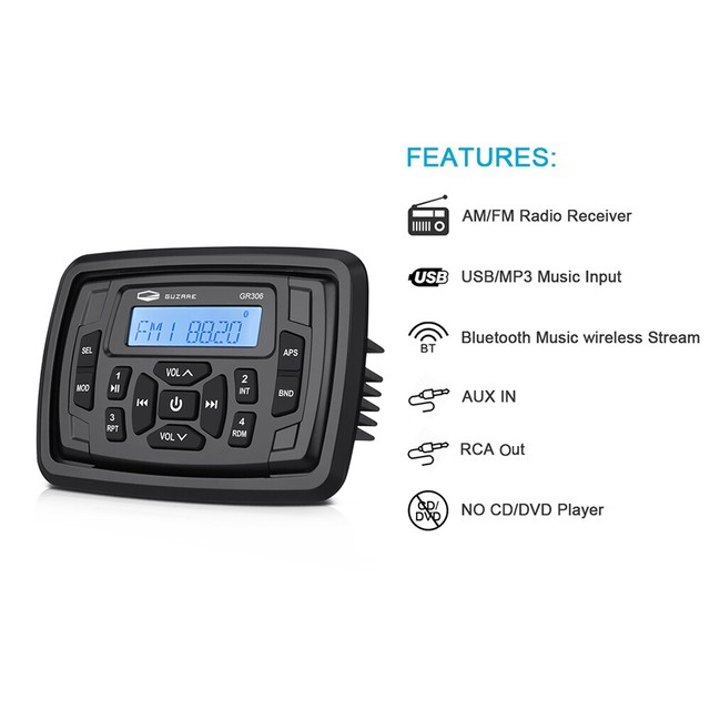 Bluetooth Marine Radio Am FM Waterproof Boat Stereo System Head Unit