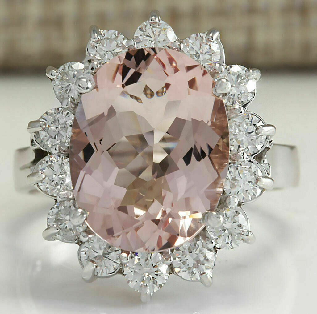 925 Sterling Silver 4.35 Carat Natural Morganite Diamonds Ring Cocktail Ring