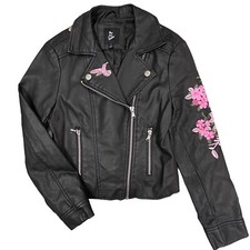 Girls Size 10/12 Youth Black Faux Leather Jacket with Embroidered Accents