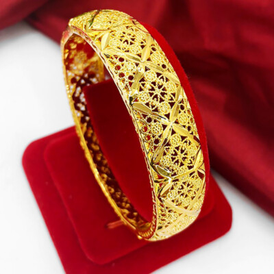 18k Gold Small 7'' Womens Flower Design Opening Filled Bracelet Bangle D793B