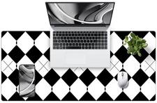 Checkered Desk Pad, 35.4 x 15.7, White, Black, PU Leather, Non-Slip Mat