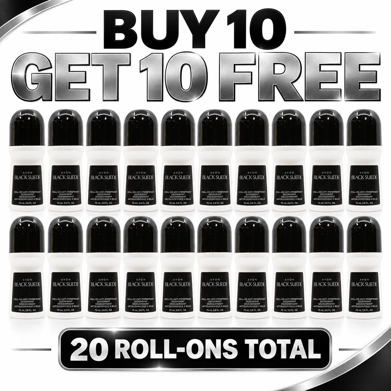 BUY 10 GET 10 FREE Avon Roll-On Antiperspirant Deodorant, Black Suede 2.6fl.oz.