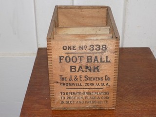 Vintage J & E Stevens Co. Football Bank No 338 Empty Wooden Shipping Box