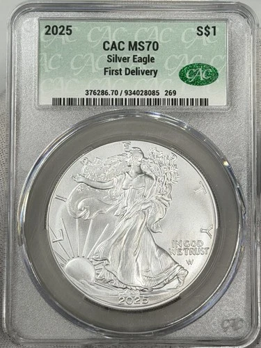 2025 $1 American Silver Eagle CAC CACG MS70 One Dollar First Delivery ASE