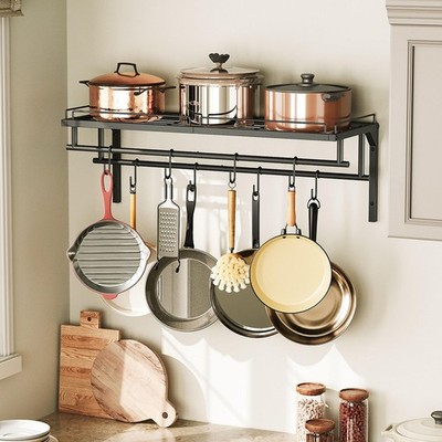 Hanging Pot Rack Wall-Mounted Kitchen Cookware Organizer Metal Holder Black