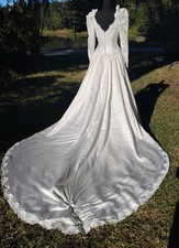 Vintage Ivory Champagne Med Train Lace Puff Sleeves Gown Dress...