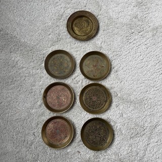 7 Vintage Indian Brass Etched Small Pin Dish Trinket Dish with Flower Detail 9cm