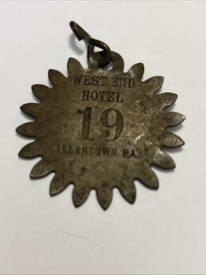 Antique West End Hotel Brass Room Key Ring Fob Tag Allentown Pa #19