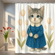 Cute Cat Shower Curtain with Floral Design - Adorable Kitty Decor