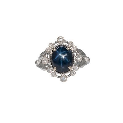 4 Star Sapphire Ring with Earth Mined Diamonds Accents: Solid 14K Gold, 10x8mm