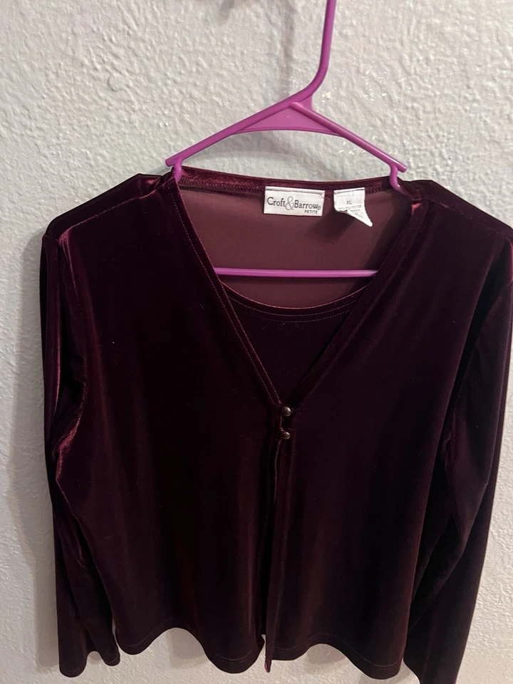 Top Pullover Croft & Barrow Mujer Granate Cuello Redondo Cuello Dividido Terciopelo PXL Foto 2 de 4