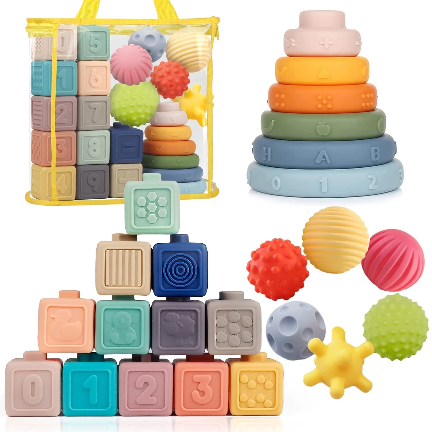 Montessori Toys Soft Stacking Building Blocks Rings Balls Sets 3 in 1 Baby To...