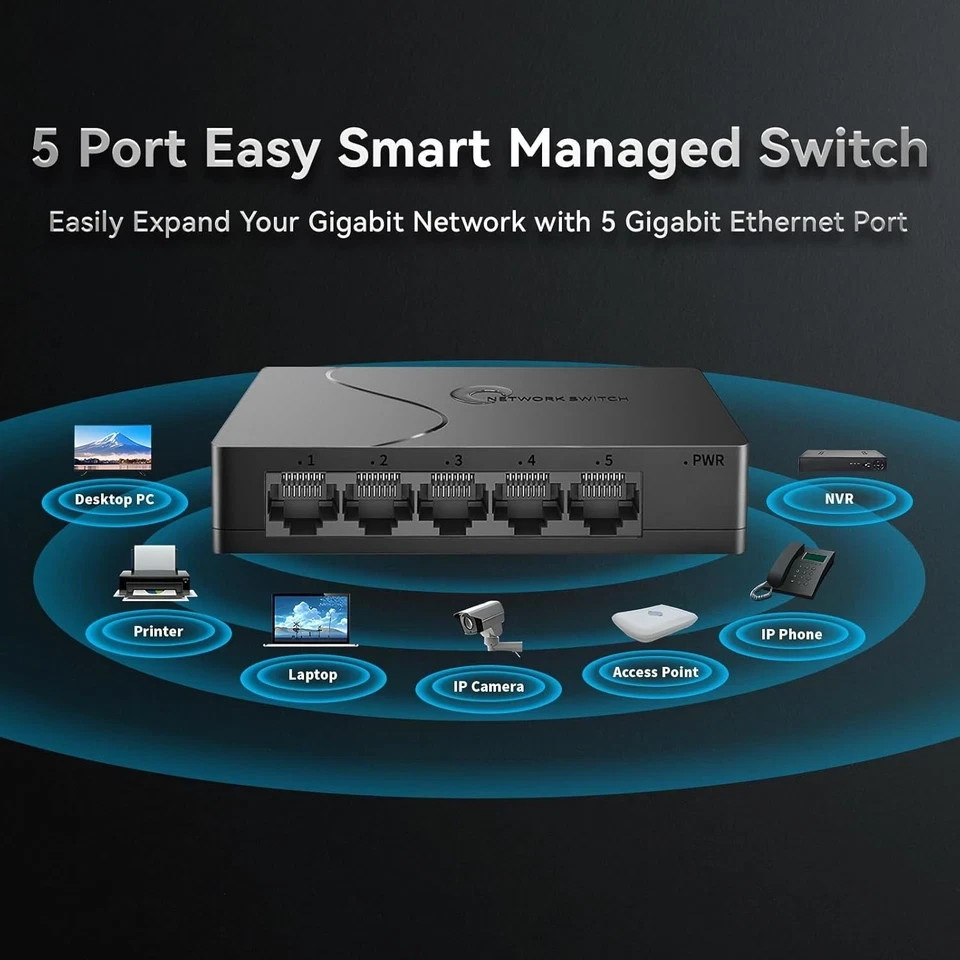 5 Port Easy Smart Managed Ethernet Switch Gigabit Switch, Network Hub, Black 