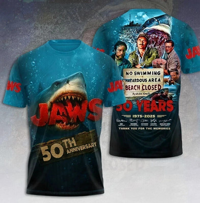 Jaws 50Th Anniversary 1975-2025 Signatures All size 3D T-Shirt Unisex