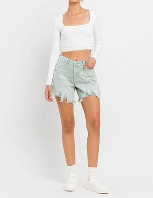 Vervet By Flying Monkey High Rise Side Slit Denim Shorts Abstracted