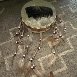 Hand Drum Wood Frame Rawhide Hide Head Leather Lacing Beads Feathers