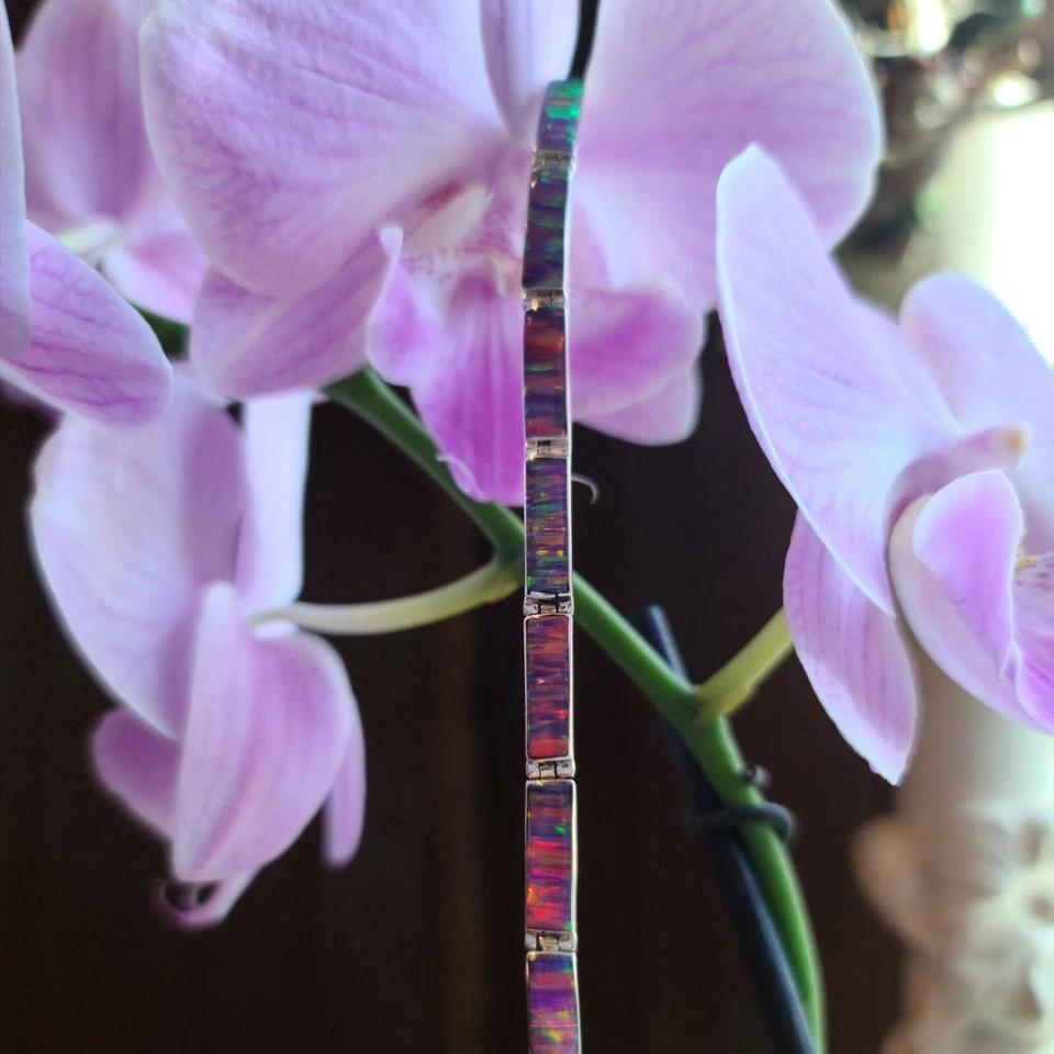 Sterling Silver Fire Opal  7.5" Tennis Chain Bracelet Lilac Pink Golden Hues Foto 2 de 4