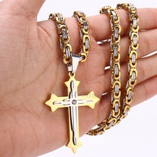 Men Stainless Steel Cross Pendant Gold Silver Black Byzantine Chain Necklace 6mm