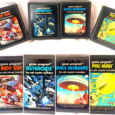 ATARI 2600 VIDEO GAMES 4 CARTRIDGES PAC MAN, SPACE INVADERS, ASTEROIDS, INDY 500
