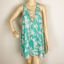 Show Me Your Mumu Rancho Mirage Lace Up Mini Dress Small Teal Green Floral Boho