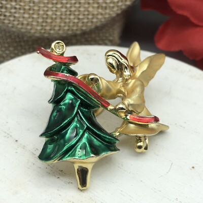 VTG Gifi Giusti Green Enamel Christmas Tree And Angel PIN Brooch Gold Tone 1.75''