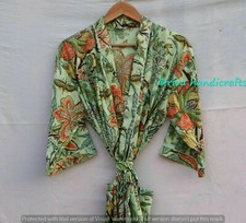 Green Butterfly Screen Print Beach Cover Up Maxi Gown Sleepwear Boho Kimono Robe