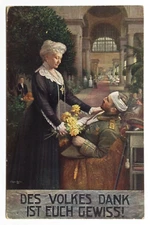 German Wounded Soldier Receiving Flowers WWI Postcard Artist Fischer 1915