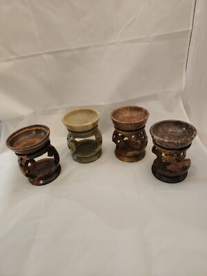 Soapstone Aroma Oil Burner OM Hand Carved Stone. Assorted Colors, Set Of 2.