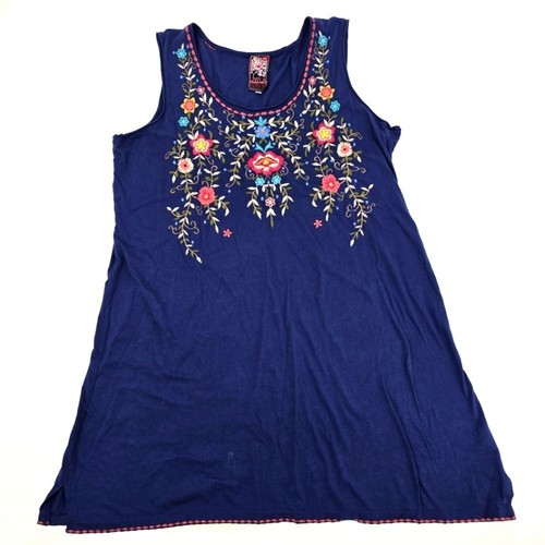 Johnny Was Blue Floral Embroidered Tank Dress Sundress Size XL