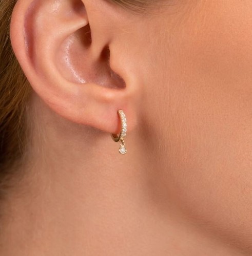 925 sterling silver, Hoop Earrings , Huggies, Dangling CZ Bezel Hoop - Picture 2 of 4