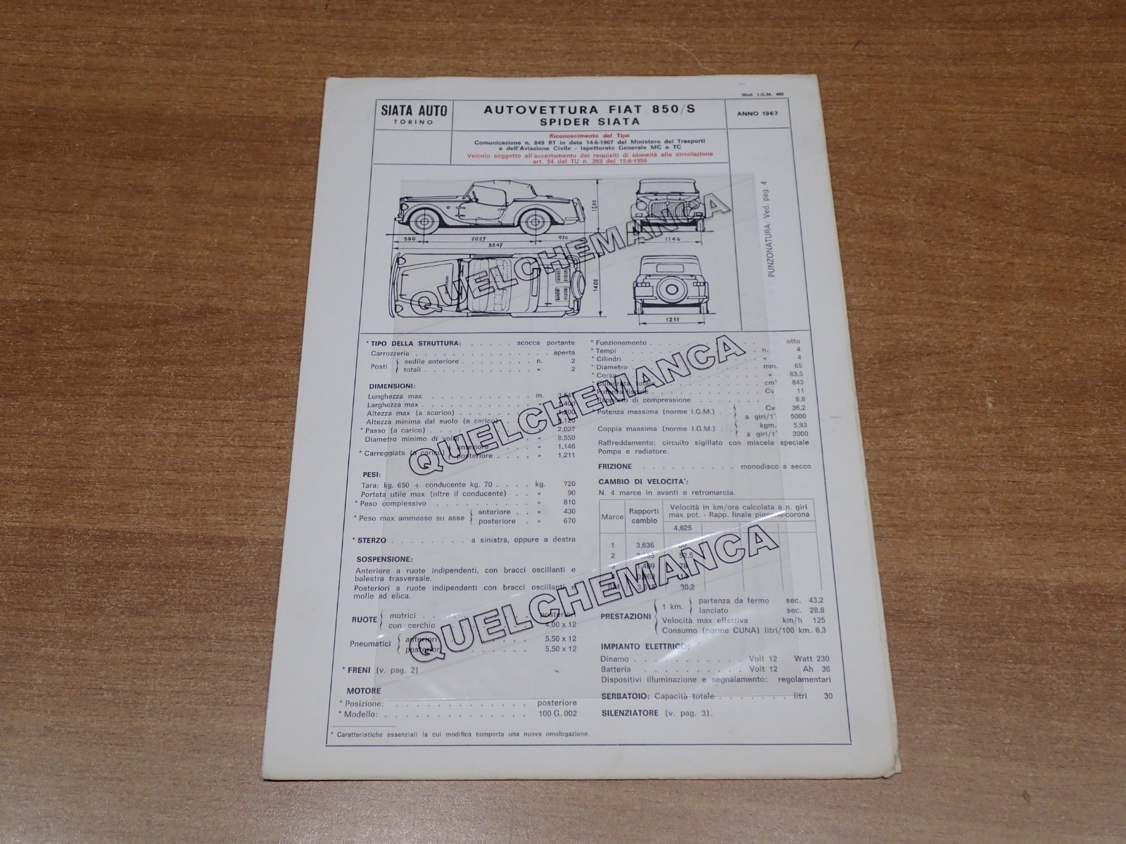 FIAT 850 S SPIDER SIATA SCHEDA DI OMOLOGAZIONE DGM 1967 (10)