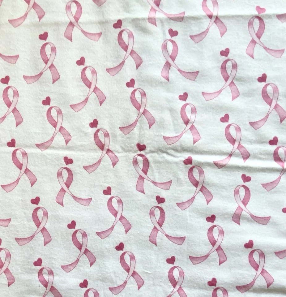 Pink Breast Cancer Awareness Ribbons on White Flannel Fabric, BTHY - Image 3 of 4