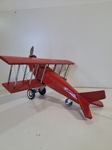 Large Wooden Model Propeller Bi Plane Airplane Red & Silver - Picture 3 of 8