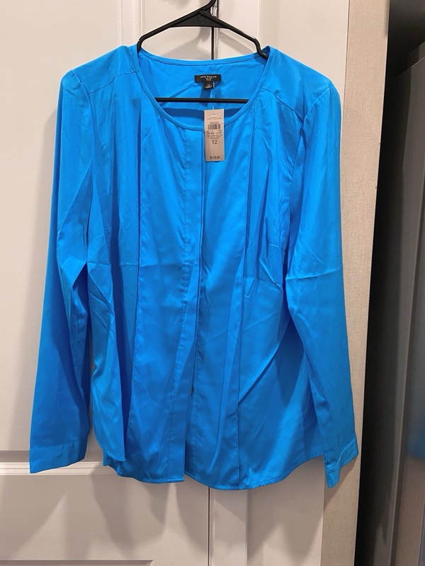 NWT VTG ANN TAYLOR TURQUOISE AQUA BLUE SILK SNP BUTTON LONG SLEEVE BLOUSE TOP 12