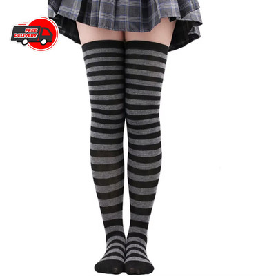 Womens Striped Thigh High Stockings Ladies Girls Black White pink Long Over.