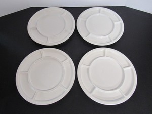 4 Crate & Barrel Fondue Plates Ceramic White Divided 10 1/2" Round Sectioned