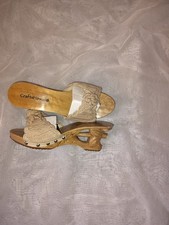 Vintage 70s Bakya Carved Wood Crochet Knit Wedges Mules Sandals Pre-Owned